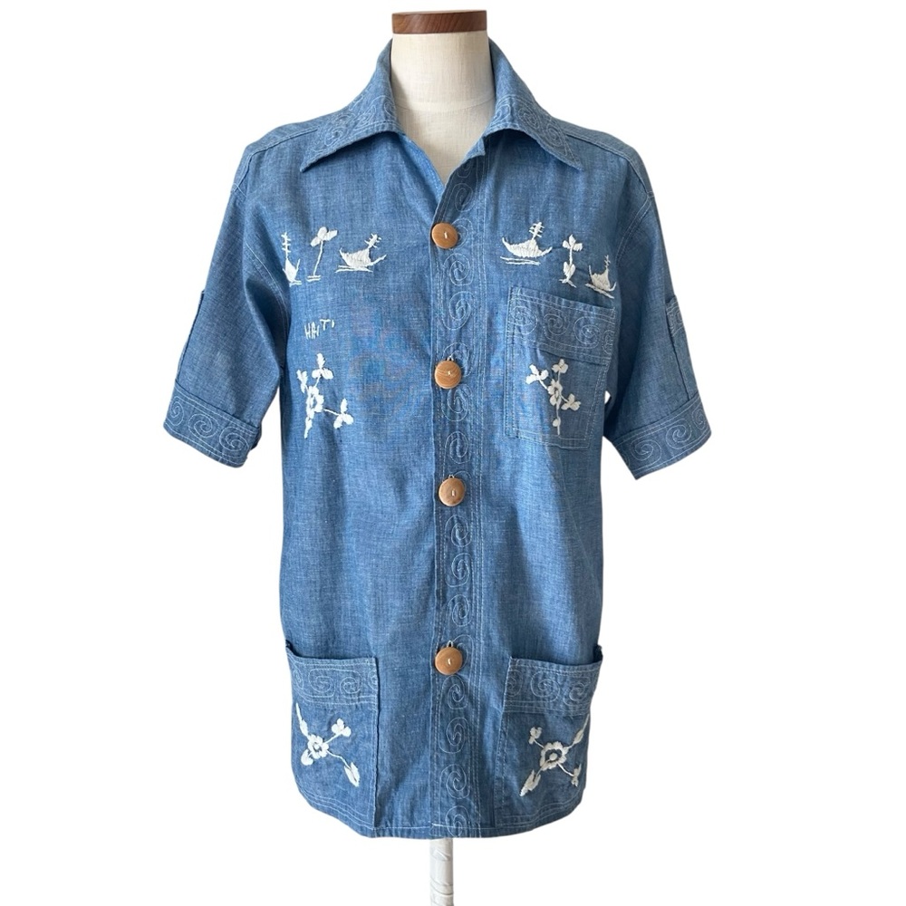 Vintage Embroidered Haiti Chambray Camp Shirt